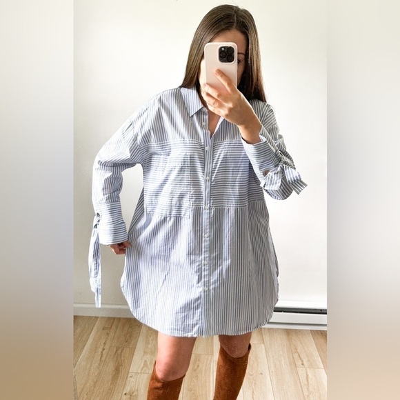 Halogen Blue White Stripe Button Down Tunic Shirt Dress sz 1 - Picture 6 of 12